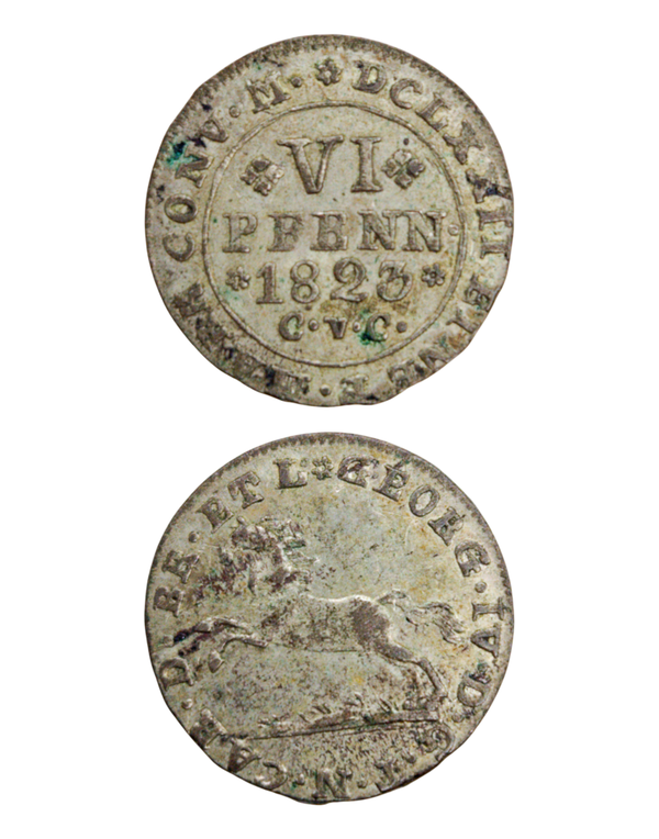 GERMANY, BRUNSWICK WOLFENBUTTEL, Friedrich Wilhelm 1771-1815, 6 Pfennige 1823 C.v.C., KM.1101, very fine+