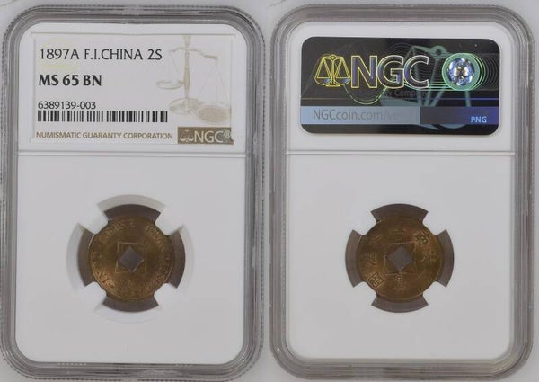 French INDOCHINA 2 Sapèque 1897A NGC MS 65 BN