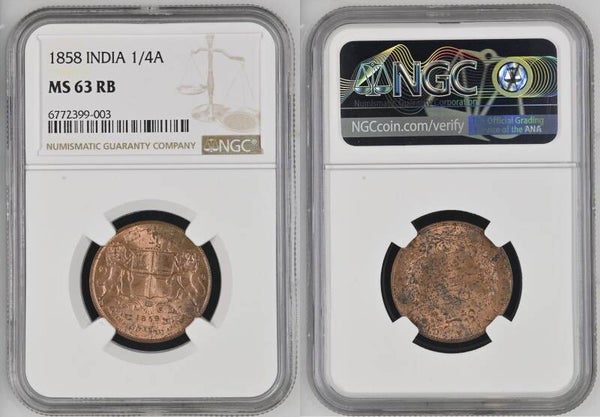 INDIA British East India Company 1/4 Anna 1858 NGC MS 63 RB