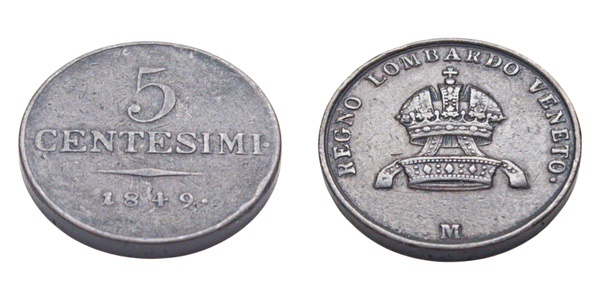 Kingdom of Lombardy-Venetia, 5 Centesimi 1849 M - Francis Joseph I Ref: C# 27, itemnumber: W5033