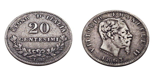 20 Centesimi 1863 M Silver ITALY, KINGDOM - VITTORIO EMANUELE II , 1861-1878 - BN, Milano (Milan) Catalog: KM.13.1 | Montenegro 226, itemnumber: W5035