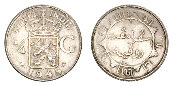 Netherlands East Indies ¼ Gulden 1945 large type, narrow rims Ref: KM# 319, Schön# 16, itemnumber: W5065