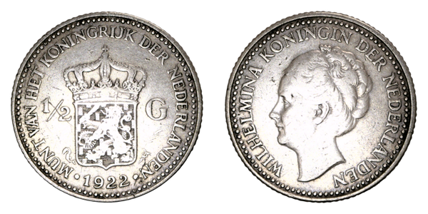 Netherlands ½ Gulden 1922 Wilhelmina Ref: KM# 160, Sch# 842, itemnumber: W5072
