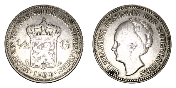 Netherlands ½ Gulden 1930 Wilhelmina Ref: KM# 160, Sch# 845, itemnumber: W5073