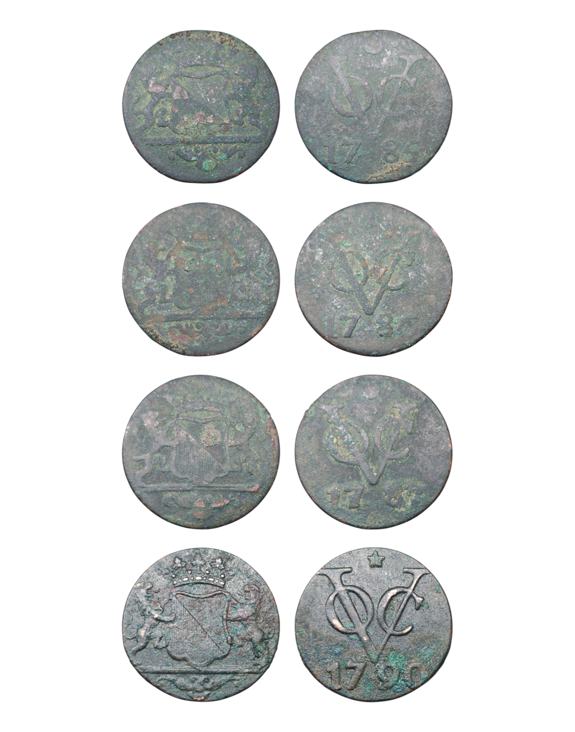 Netherlands East Indies (1601-1949) 1 Duit 1785, 1786, 1787, 1790 Utrecht lot of 4 Ref: KM# 111.1, 111.3, itemnumber: W5106