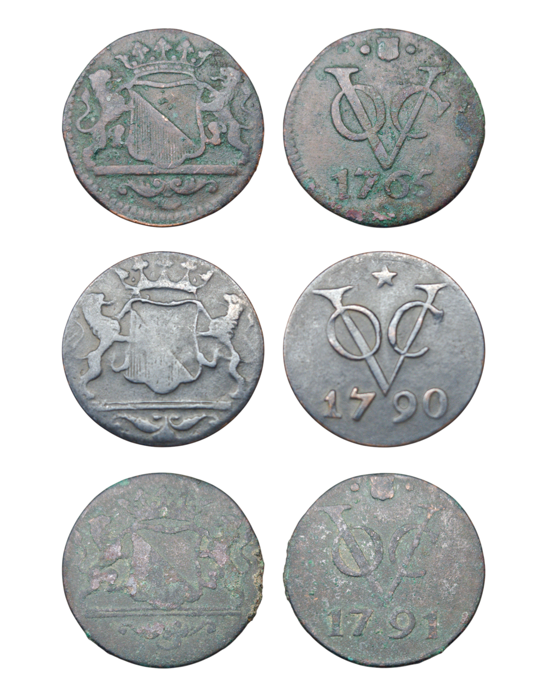 Netherlands East Indies (1601-1949) 1 Duit 1765, 1790, 1791 Utrecht lot of 3  Ref: KM# 111.1, 111.3, itemnumber: W5107