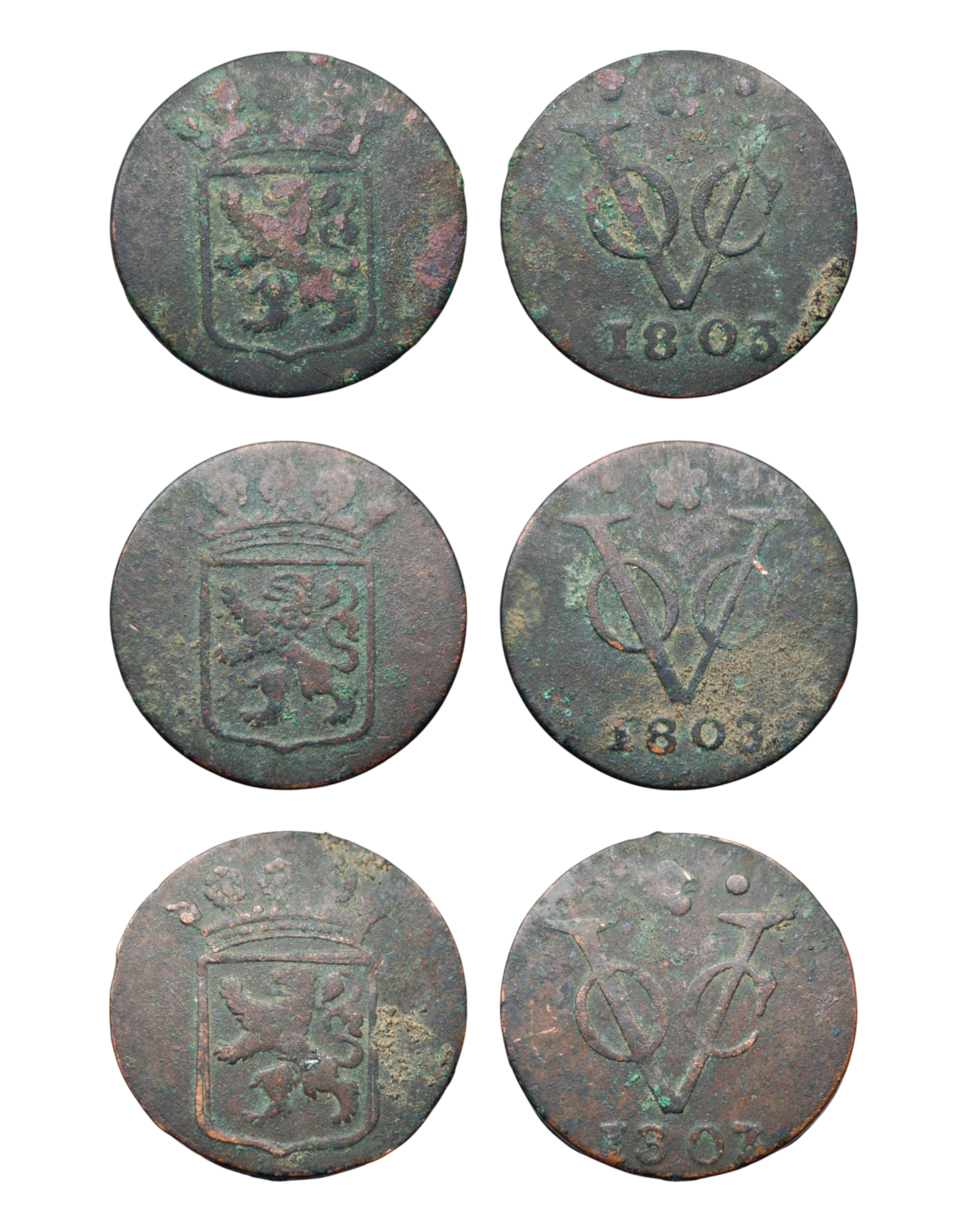 Netherlands East Indies (1601-1949) 1 Duit 1803 Holland lot of 3 Large, crooked and round 3  Ref: KM# 70, Passon 22.2, itemnumber: W5108