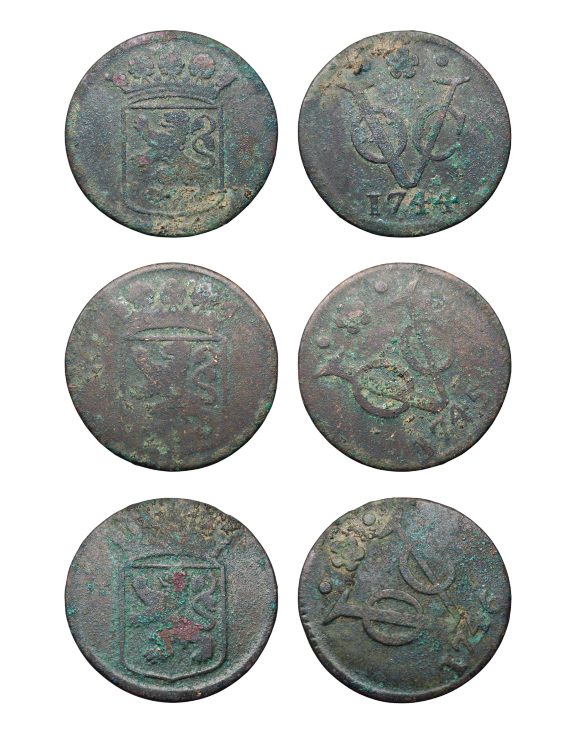 Netherlands East Indies (1601-1949) 1 Duit 1744, 1745, 1746 Holland lot of 3 Ref: KM# 70, Passon 12.2, itemnumber: W5109