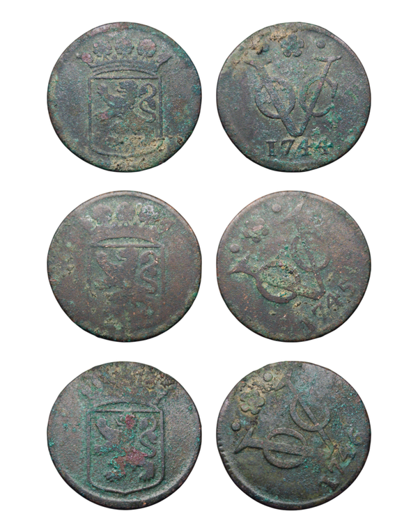 Netherlands East Indies (1601-1949) 1 Duit 1744, 1745, 1746 Holland lot of 3 Ref: KM# 70, Passon 12.2, itemnumber: W5109