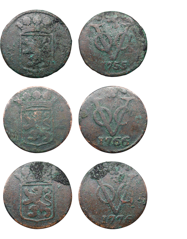 Netherlands East Indies (1601-1949) 1 Duit 1755, 1756, 1776 Holland lot of 3 Ref: KM# 70, Passon 12.2, itemnumber: W5110