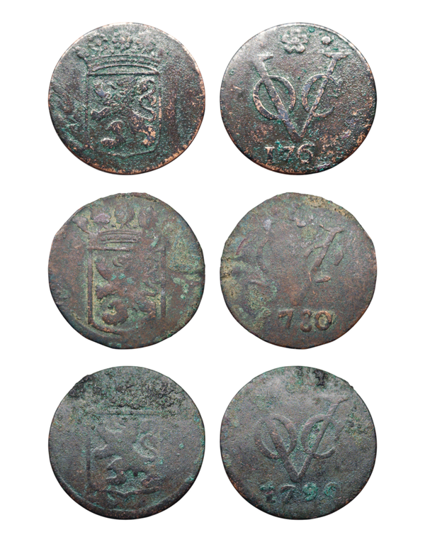 Netherlands East Indies (1601-1949) 1 Duit 1765, 1780,(local?) 1790 (overdate?) Holland lot of 3 Ref: KM# 70, Passon 12.2, itemnumber: W5111