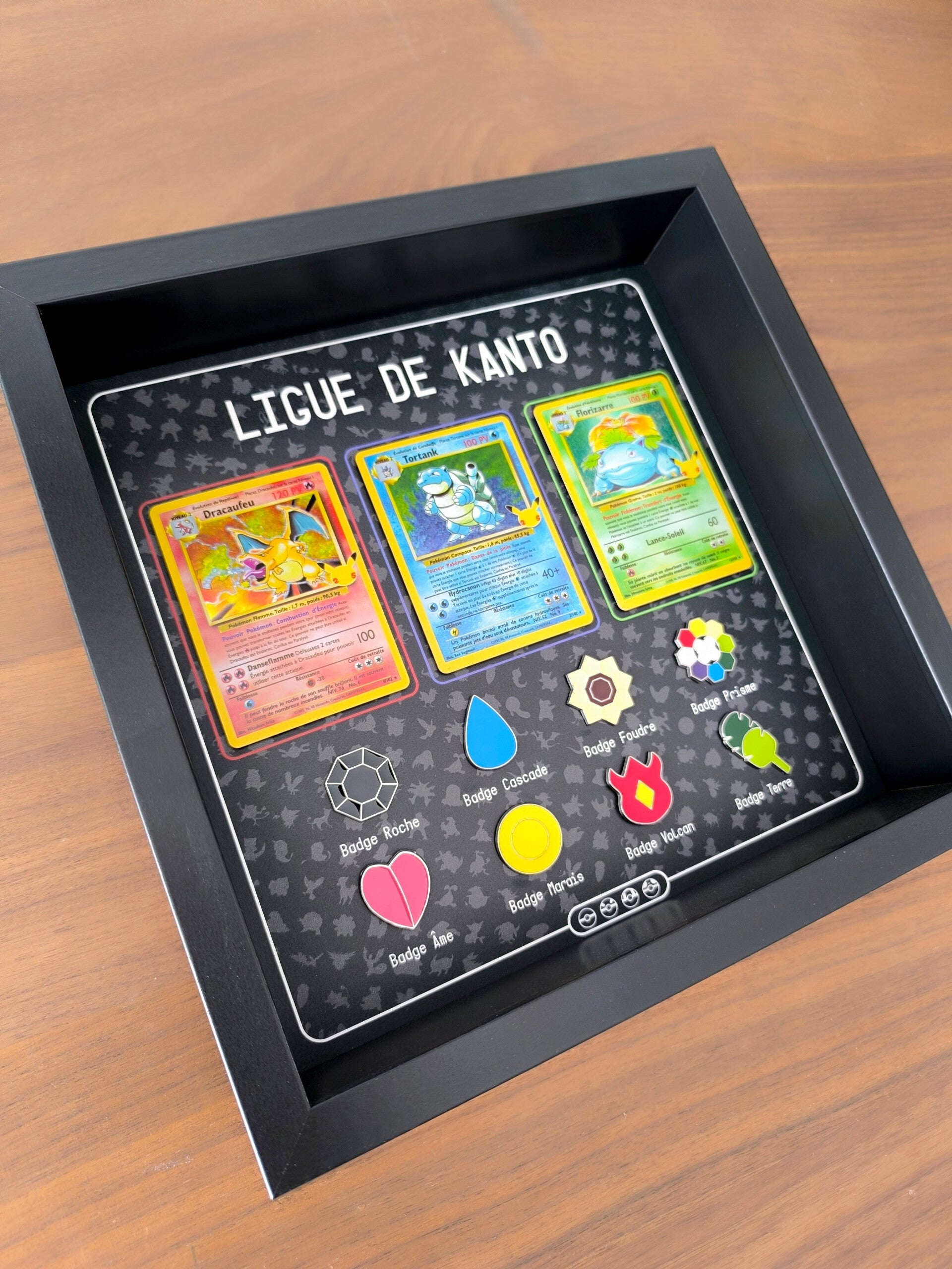 Cadre Pokémon Trio Cartes Spécial 25 ans et Badges Kanto
