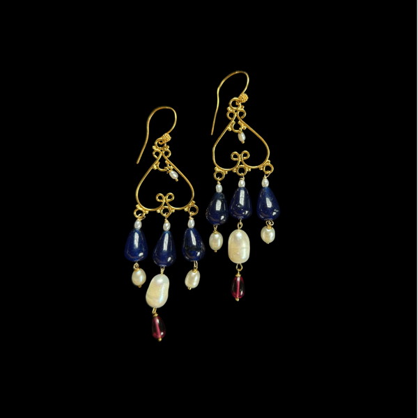 Oorbellen van rubyliet, zoetwaterparel en jade