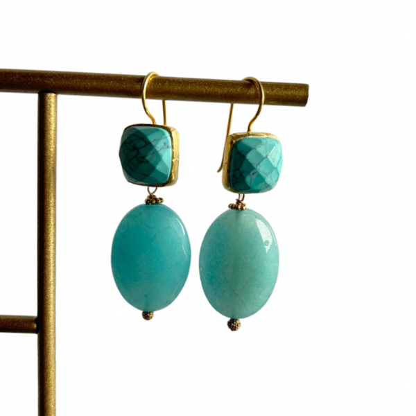 Oorbellen met facet geslepen turkoois en jade