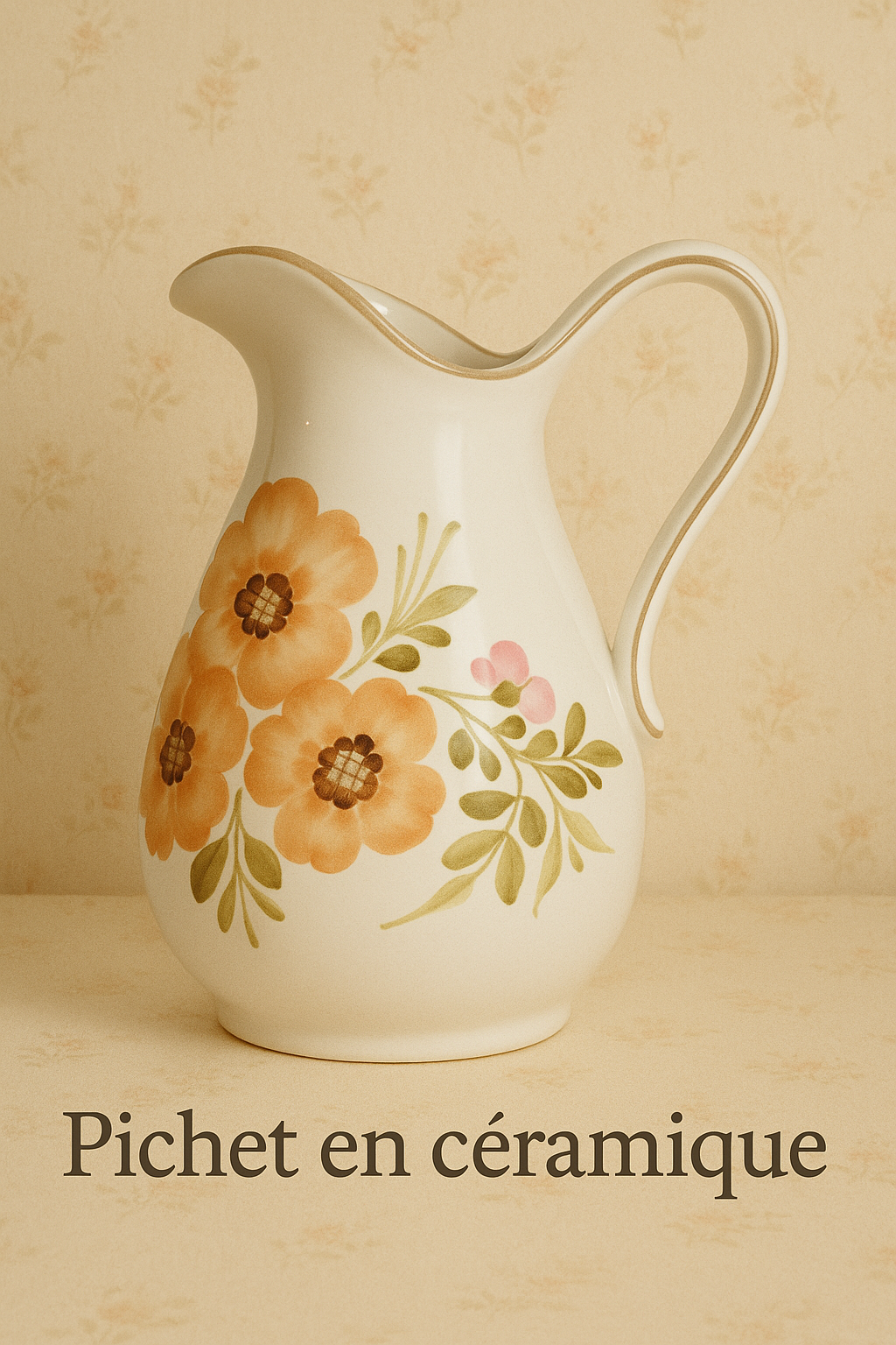 Pichet en céramique décoré à la main – Motifs floraux vintage