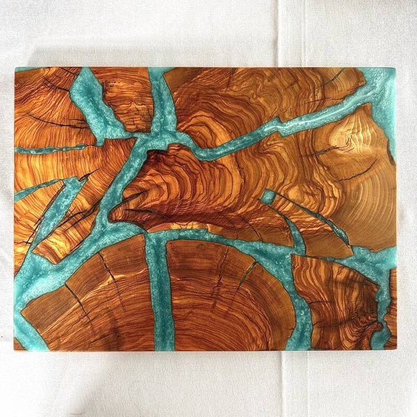 Olijfhout & Epoxy Snijplak - Oceaanblauw