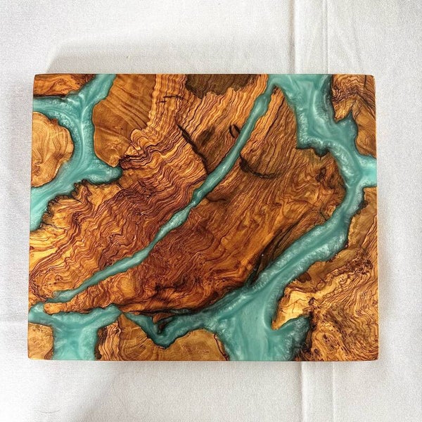 Olijfhout & Epoxy mini snijplank - Oceaanblauw