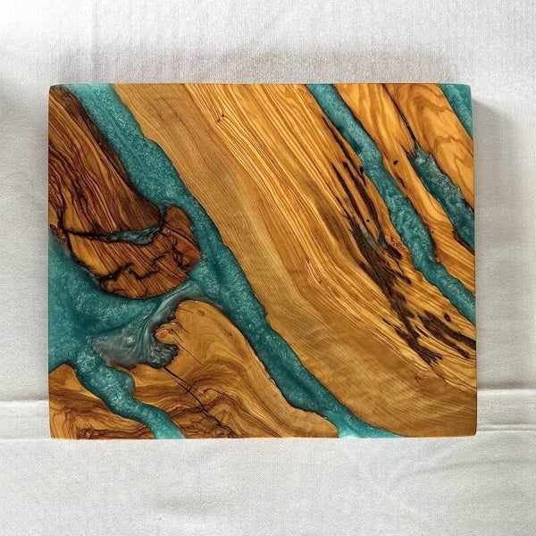 Olijfhout & Epoxy mini snijplank - Oceaanblauw