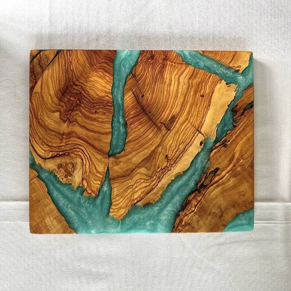 Olijfhout & Epoxy mini snijplank - Oceaanblauw