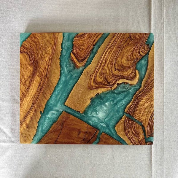 Olijfhout & Epoxy mini snijplank - Oceaanblauw