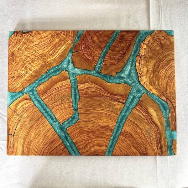 Olijfhout & Epoxy Snijplank - Oceaanblauw