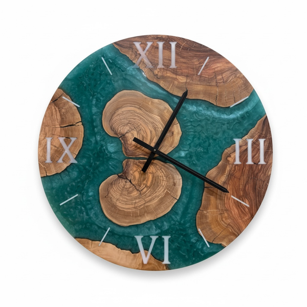Olijfhout & Epoxy Wandklok - Turquoise
