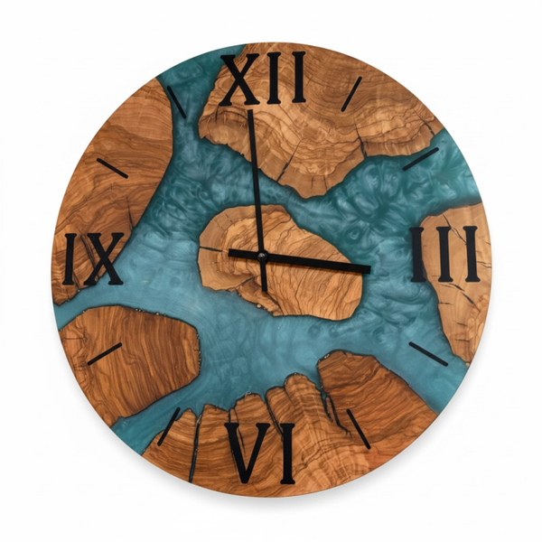 Olijfhout & Epoxy Wandklok - Aqua Blauw