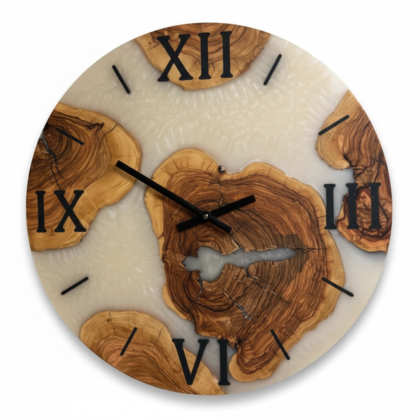 Olijfhout & Epoxy Wandklok - Parelmoer