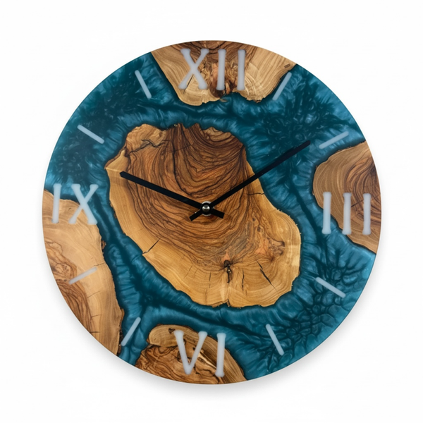 Olijfhout & Epoxy Wandklok -  Oceaanblauw