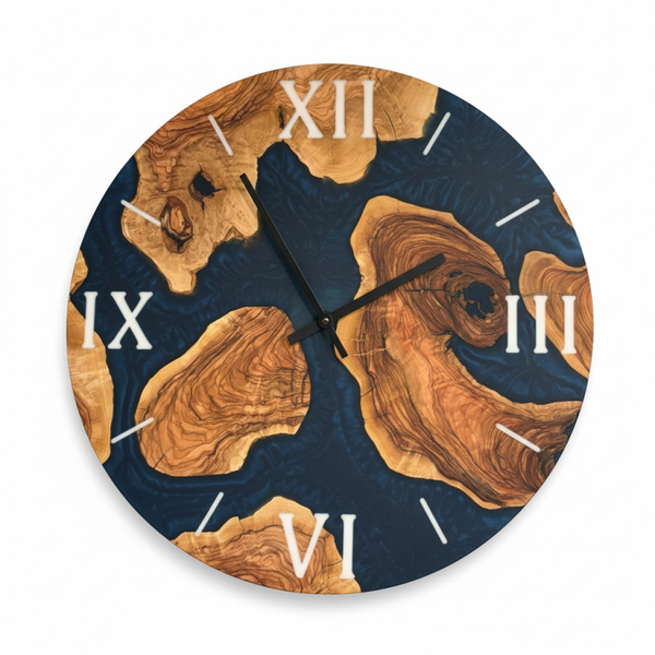 Olijfhout & Epoxy Wandklok - Nachtblauw