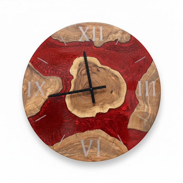 Olijfhout & Epoxy Wandklok - Wijnrood