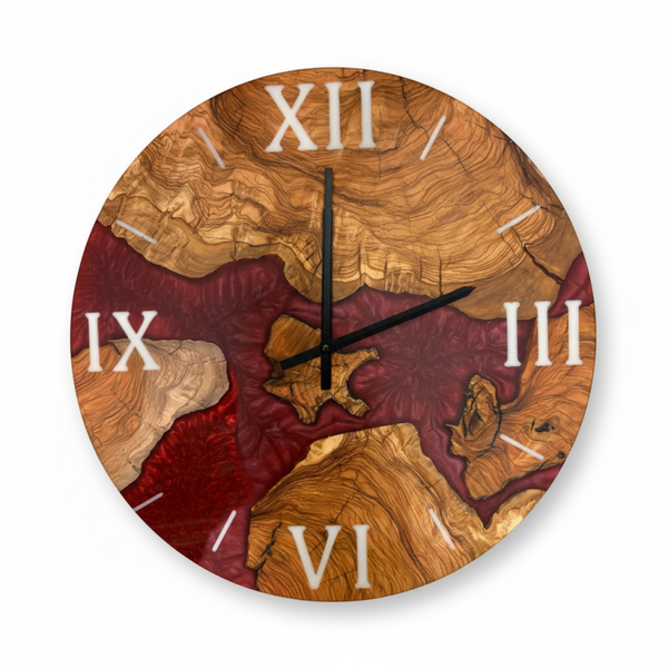 Olijfhout & Epoxy Wandklok - Bordeauxrood