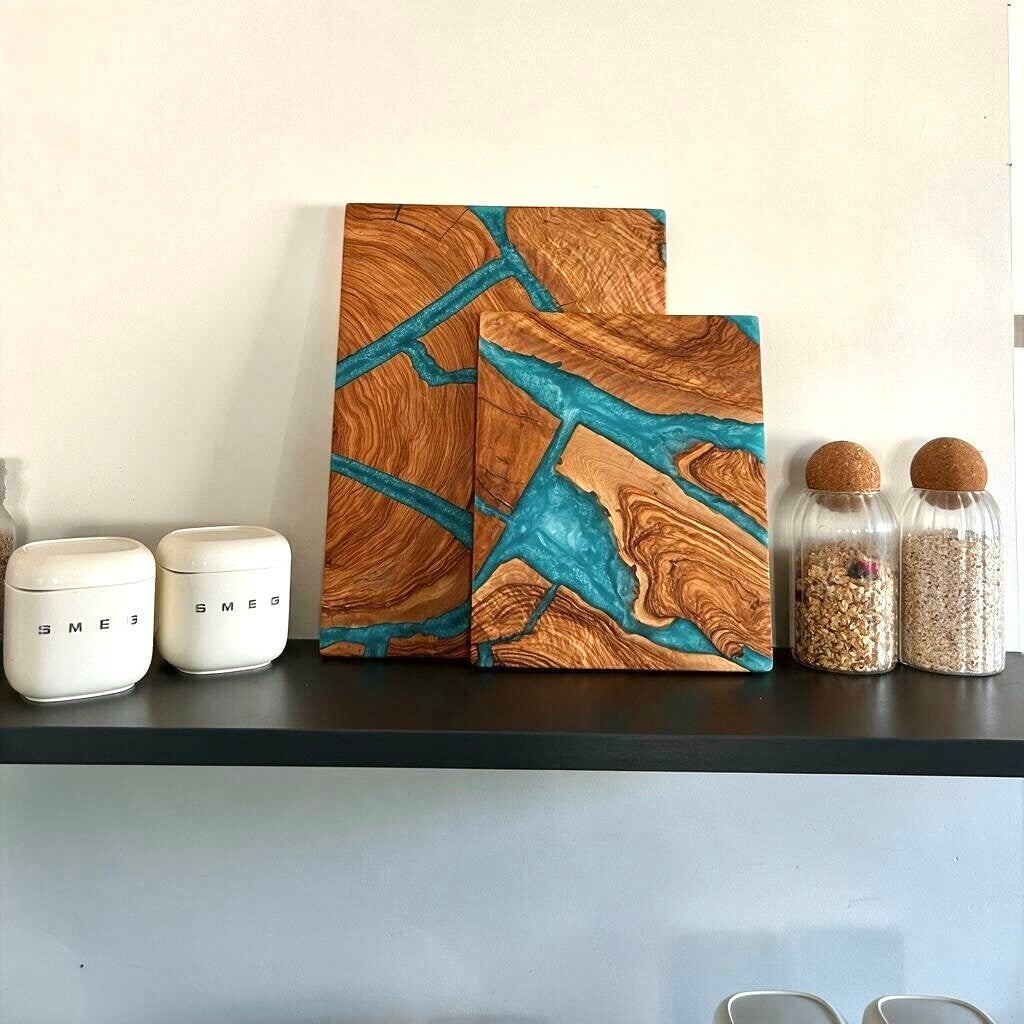 Olijfhout & Epoxy snijplanken set - Oceaanblauw