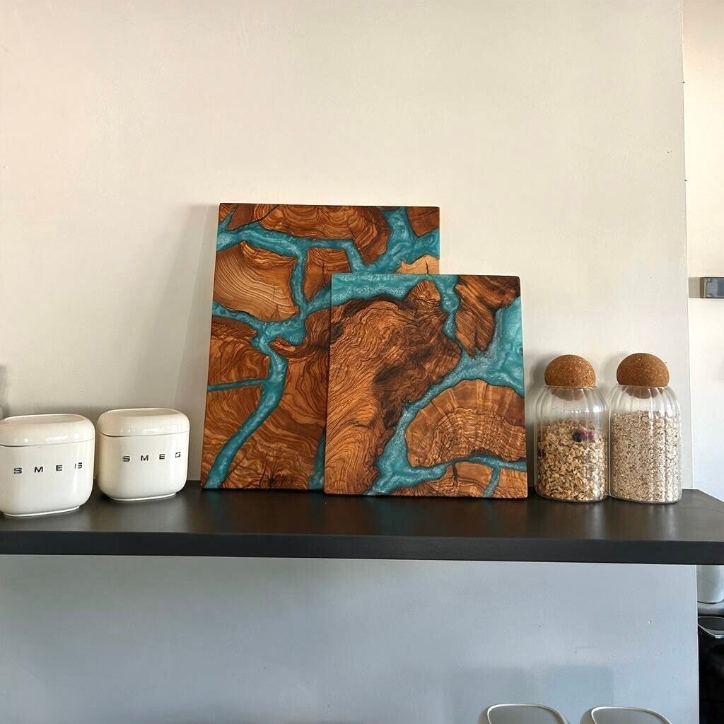 Olijfhout & Epoxy snijplanken set - Oceaanblauw