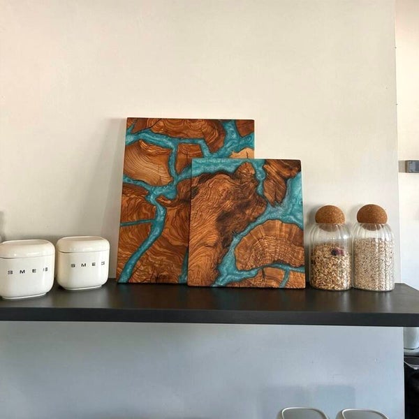 Olijfhout & Epoxy snijplanken set - Oceaanblauw