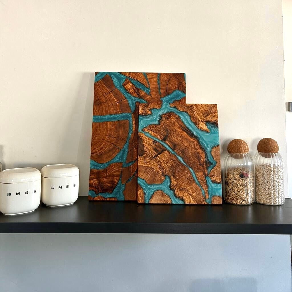 Olijfhout & Epoxy snijplanken set - Oceaanblauw