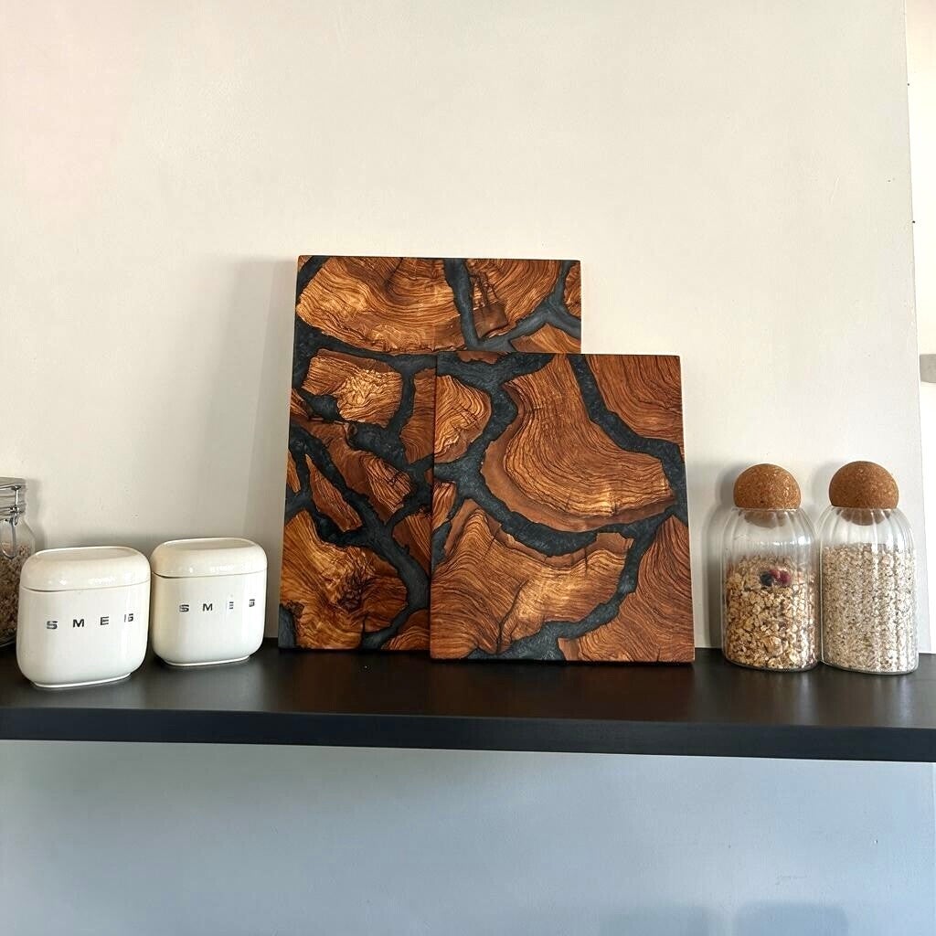 Olijfhout & Epoxy snijplanken set - Antraciet