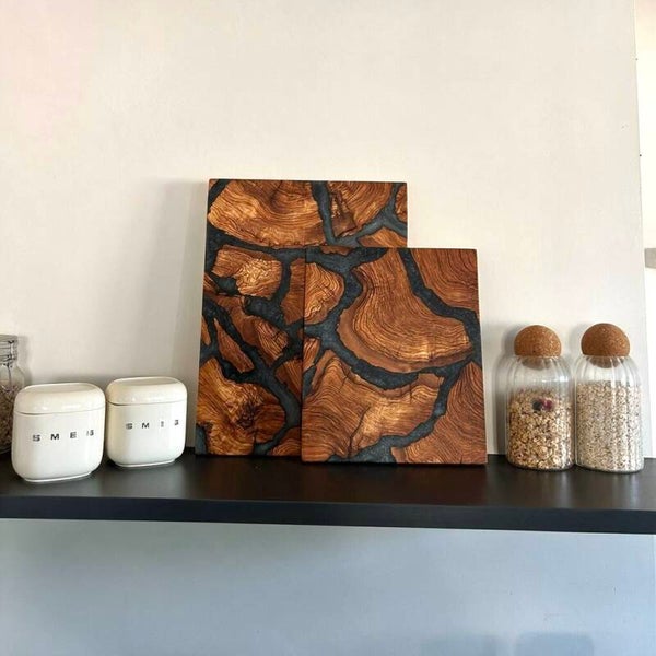 Olijfhout & Epoxy snijplanken set - Antraciet