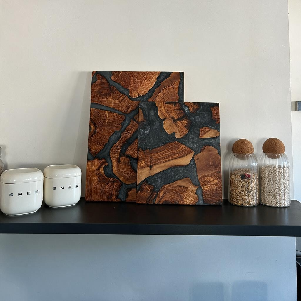 Olijfhout & Epoxy snijplanken set -  Antraciet