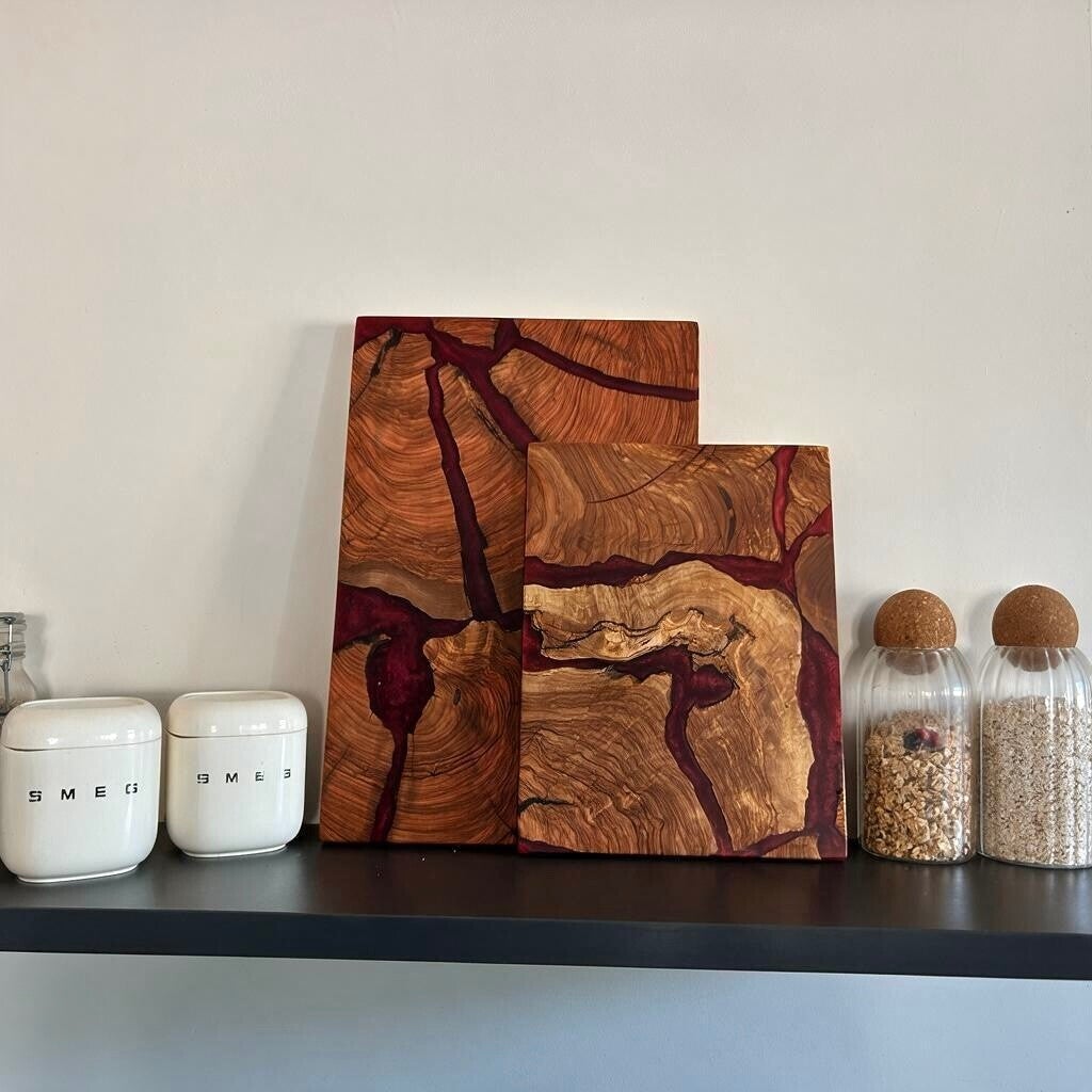 Olijfhout & Epoxy  snijplanken set - Bordeauxrood