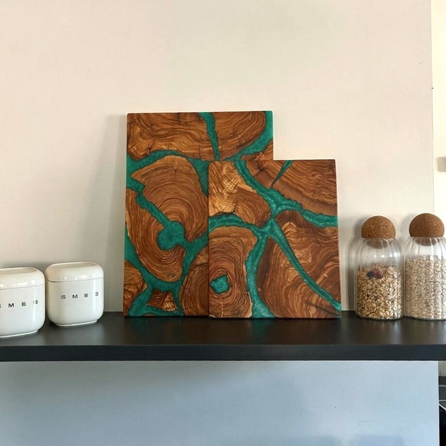 Olijfhout & Epoxy snijplanken set - Turquoisie