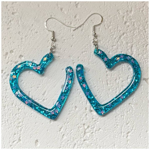 Funky Sparkling Aqua Large Heart Earrings
