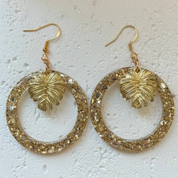 Golden Glitter Hoops with Gilded Leaf Delight