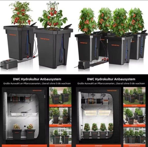 Spider Farmer DWC Hydroponik-Anbausystem mit Top-Drip-Kit 7 Gallonen Deep Water Culture mit 4 Eimer
