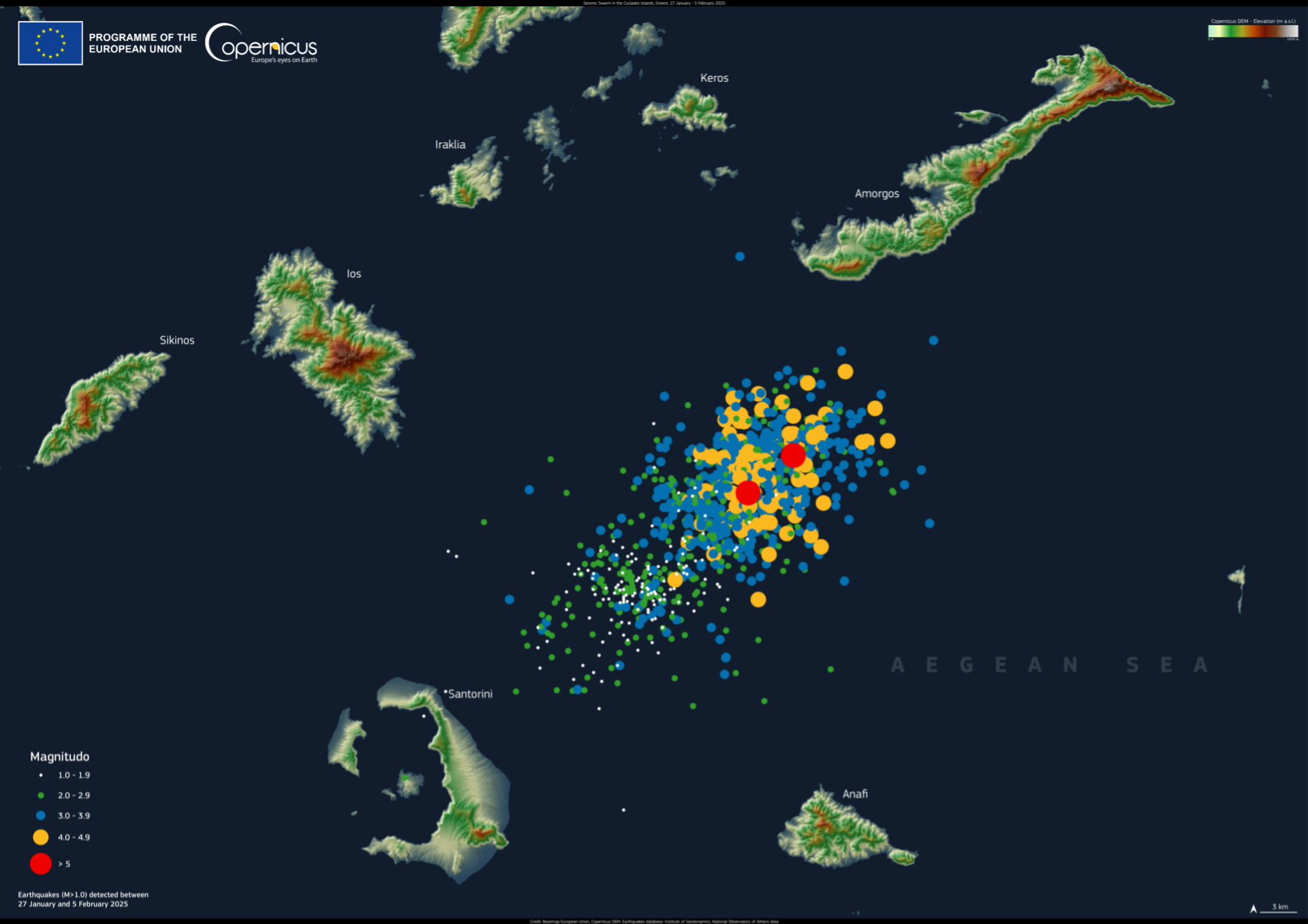 Aktuelles Erdbeben-Cluster in der Ägäis nordöstlich von Santorin