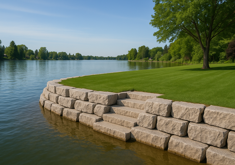 Armor stone shoreline retaining wall protecting a Kawartha Lakes waterfront property