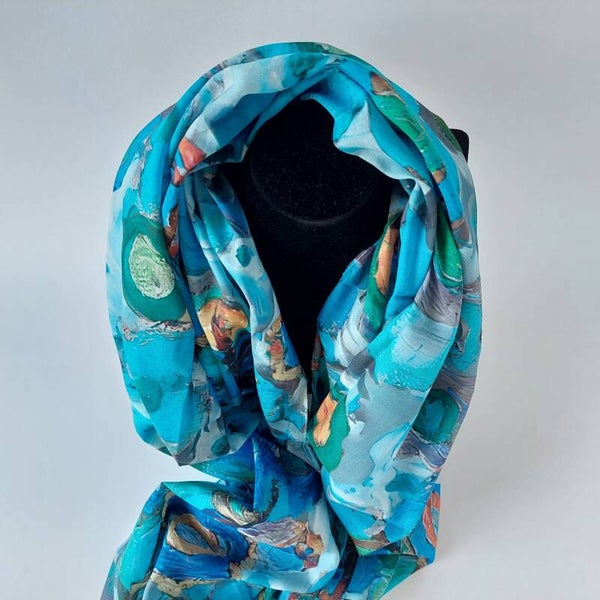 Kleurrijke sjaal fantasie - blauw - gemêleerd - 100% - katoen - groen tinten - fantasie motief - grootste collectie sjaals
