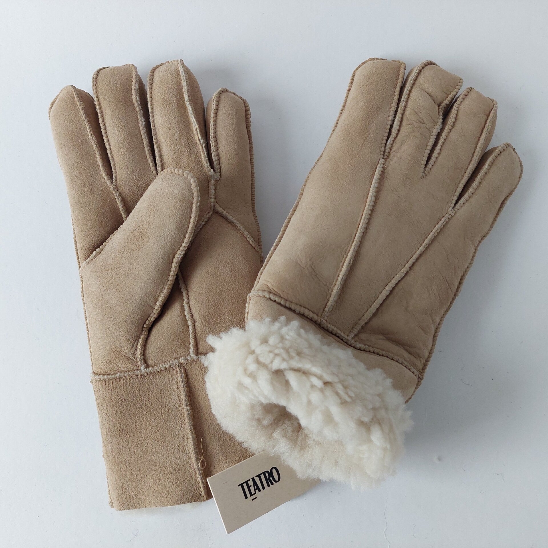 Beige suède dameshandschoenen met 100 % wollen voering – Italiaanse kwaliteit - maat L