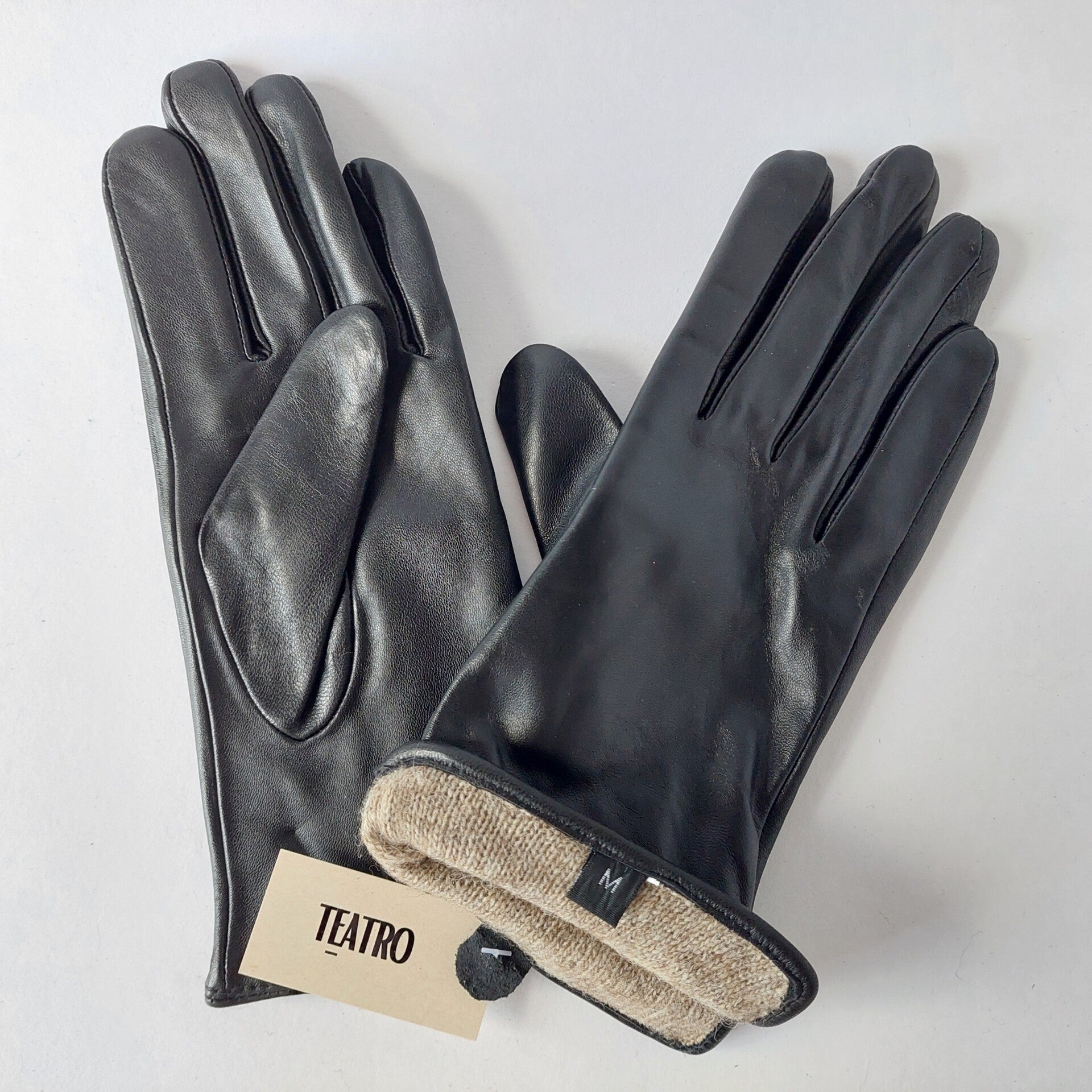 Zwarte dames handschoen - schapenleer - luxe - wol/acryl - Italy - maat M -