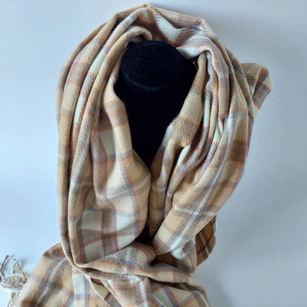 Sjaal dames winter - khaki van viscose met blokpatroon en franjes – stijlvol en warm